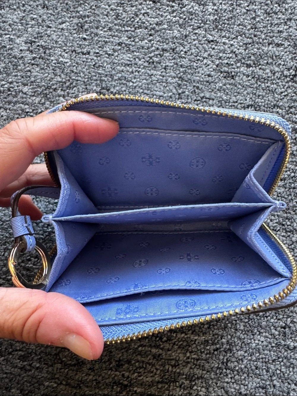 Tory Burch Small Zip Wallet in Periwinkle Blue with Gold Logo